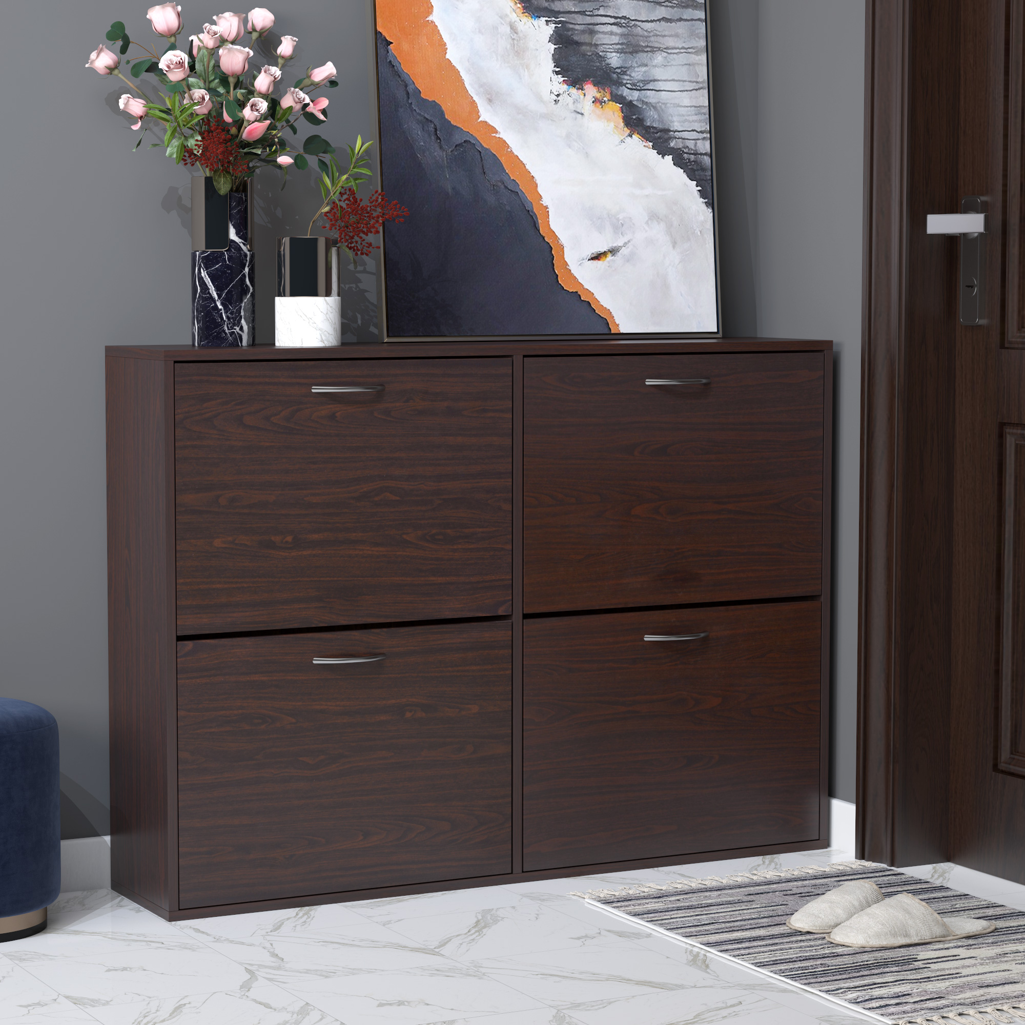 Homcom Scarpiera Salvaspazio da 24 Paia con Mensole Regolabili e 4 Cassetti, in Legno, 120x24x81cm, Marrone