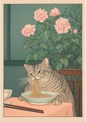 Inspired Finds Japandi Cat Bathtub Canvas Wall Art Retro Japanese Aesthetic Poster noodle Bloom 11.81x16.54in Unframed
