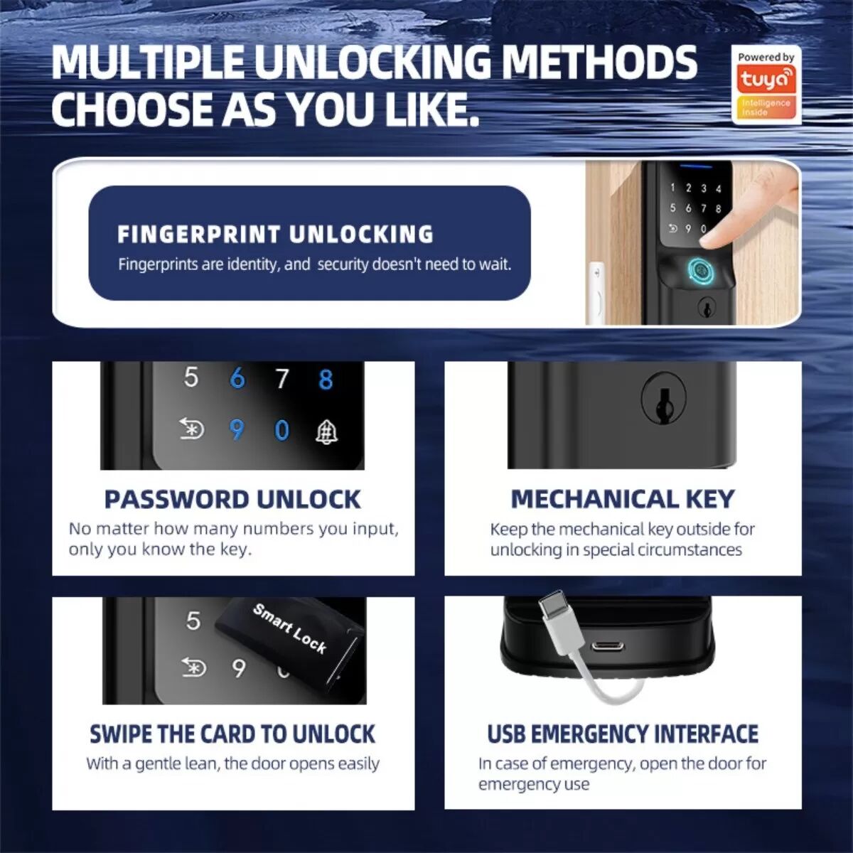INF Tuya WiFi compatible Serrure Connectée Empreinte Digitale - Loquet Simple, Empreinte+PIN+Carte+App+Clé, Alliage