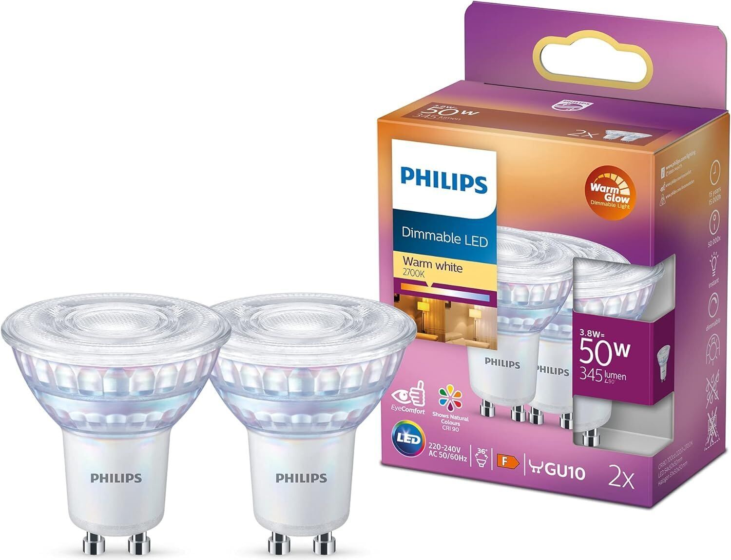Philips LED Classic Dimmable Light Spot 2 Pack – GU10, 3.8W, 50W Equivalent, Warm Glow (2200–2700K), 220-240V, Energy Class F