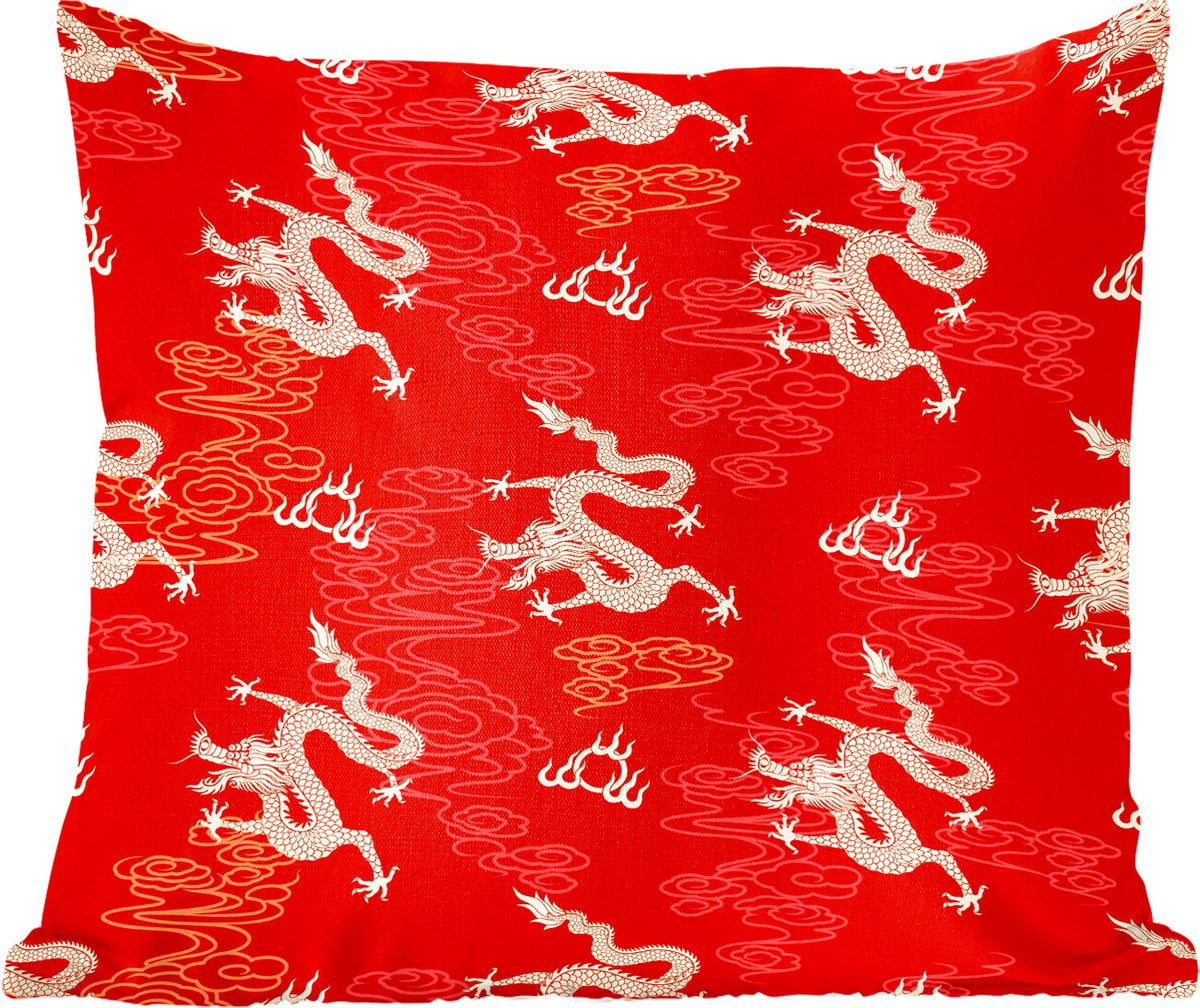Sierkussen met oosters patroon en Chinese draken op rode achtergrond, 40 x 40 cm