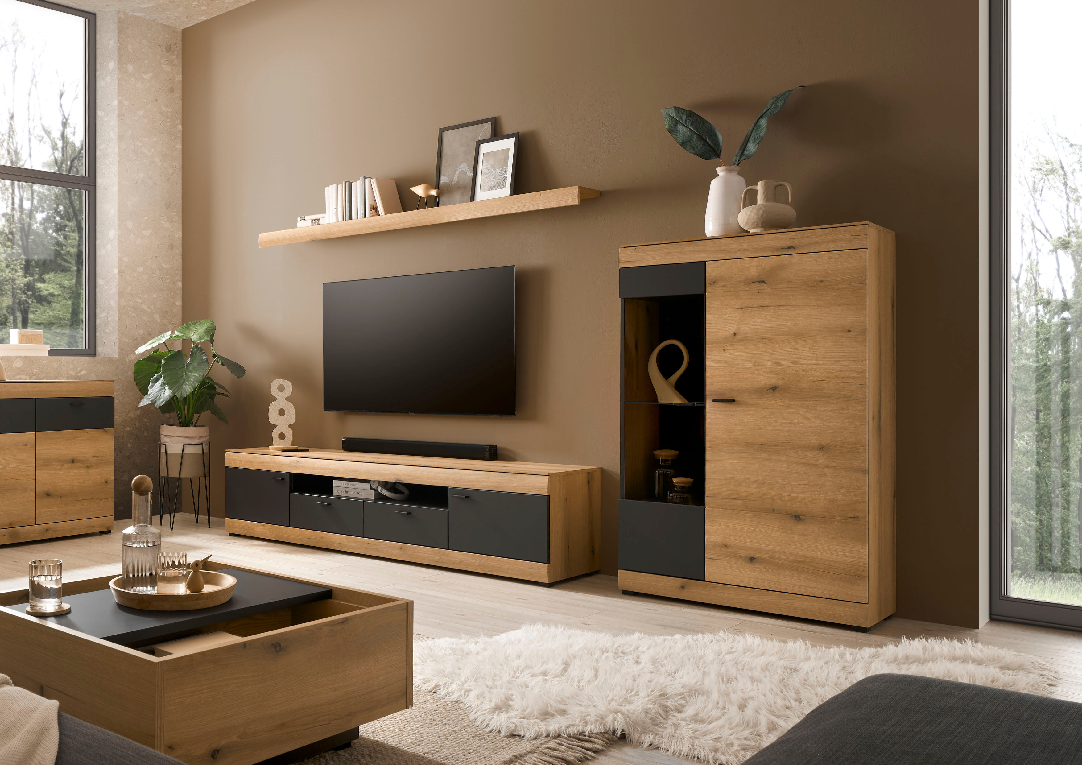 Wohnwand HOME AFFAIRE "Soleto, zeitlose Anbauwand, Komplettset im modernen Stil", braun (eiche evoke), B:300cm H:170cm T:35cm, Kastenmöbel-Sets, Wohnwand, enthält Vitrine, Lowboard und Wandboard eiche evoke B/H/T: 300cmcm x 170cmcm x 35cmcm