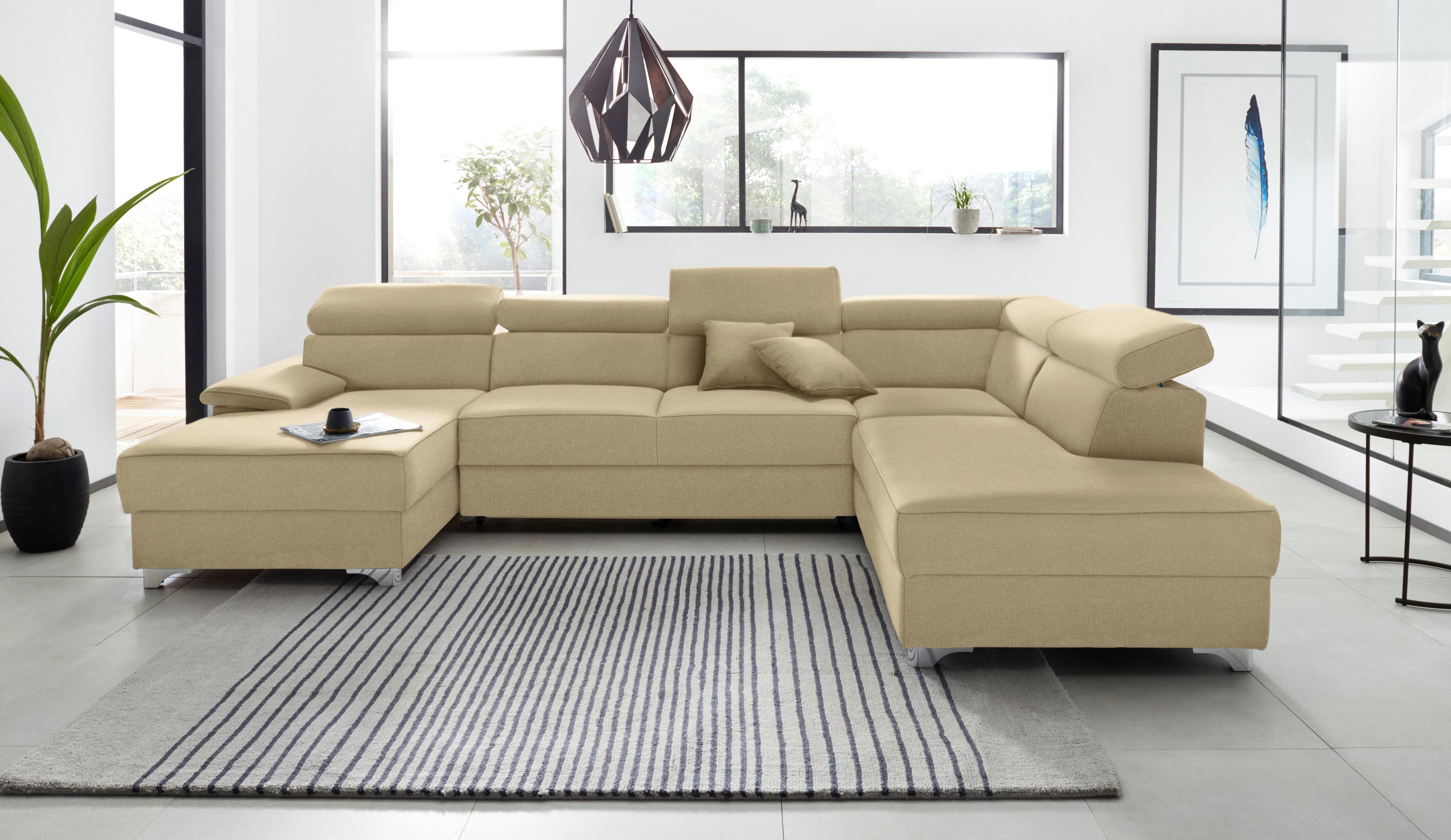 Wohnlandschaft DOMO COLLECTION "Mira, inklusive Kopfteilverstellung für mehr Wohlfühlkomfort, U-Form", beige, B:337cm H:78cm T:230cm, Luxus-Microfaser (92% Polyester, 8% Nylon);Zierkissen: Entsprechend jeweiligem Bezug.;Struktur (100% Polyester);Struktur 