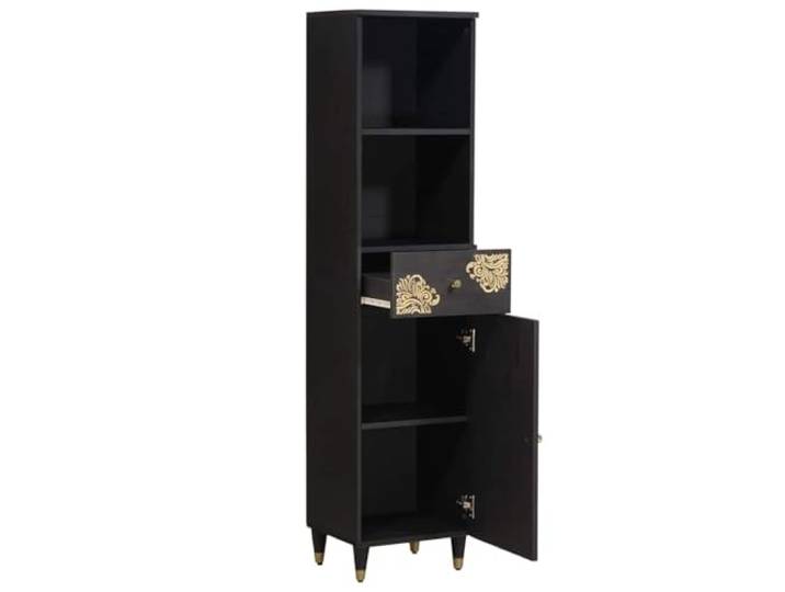 Badezimmerschrank Schwarz 38 x 33 x 160 cm Massivholz Mango Sideboard Goldene Druckmuster, Messinggriffe, Messingfüße, glatte Türen, elegantes Design