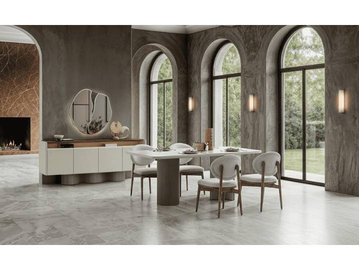JVmoebel Essgruppe Beiges Esszimmer-Set: Tisch, Stühle, Sideboard, Spiegel, (7-tlg), Made in Europa