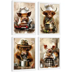 POSTER 4er Set Tier Koch Wandbilder Schwein Bäcker und Highland-Rind Köchin Illustration Küche Wanddeko Weißer Rahmen A3
