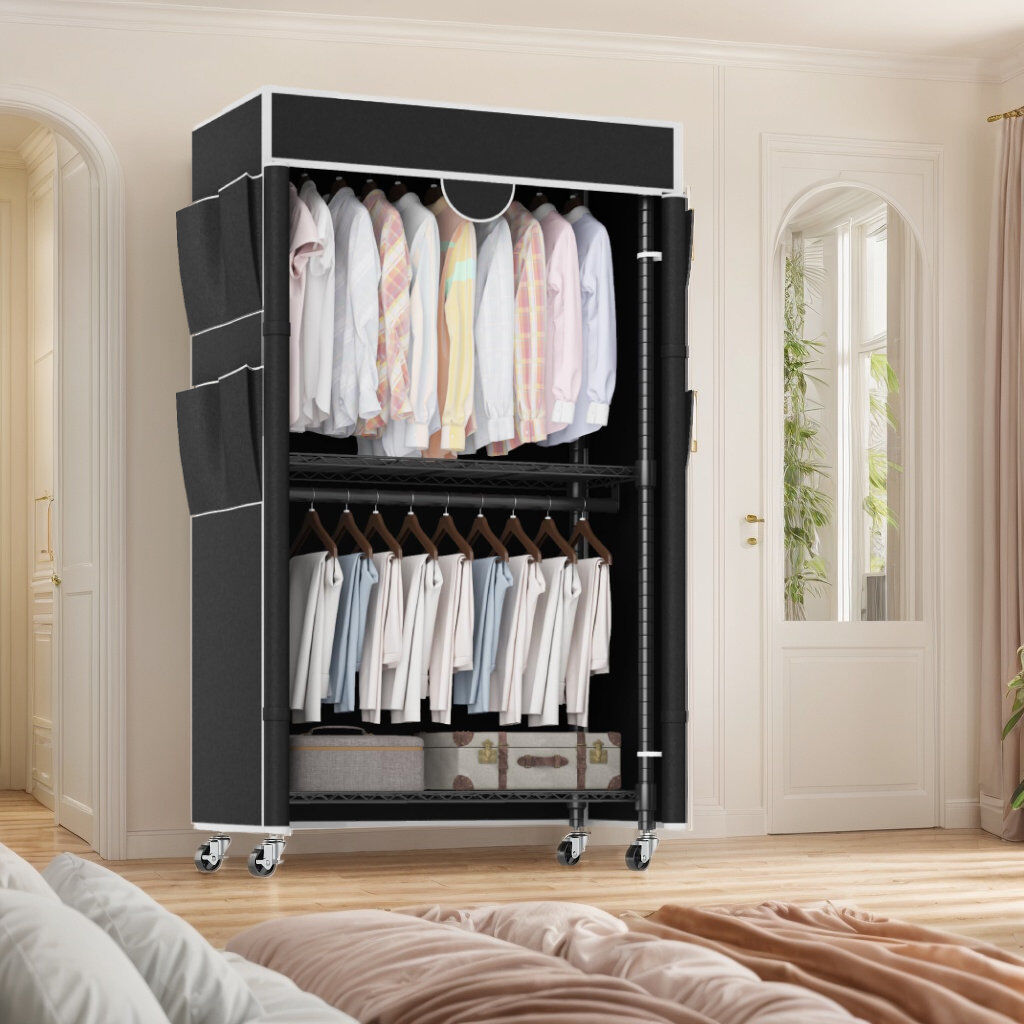 Rebrilliant Anjo 89.18 cm Adjustable Rolling Clothes Rack Black 85cm L