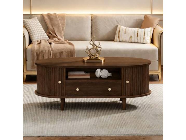 Merax Couchtisch oval,Kaffeetisch Wohnzimmertisch Sofatisch Walnuss Wohnzimmertisch mit offenem Ablagefach, 4 Beinen und 50 kg Tragkraft