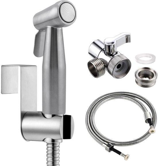Unyqoos Handdouche-set met 3-weg ventiel en flexibele slang, roestvrij staal, zilver