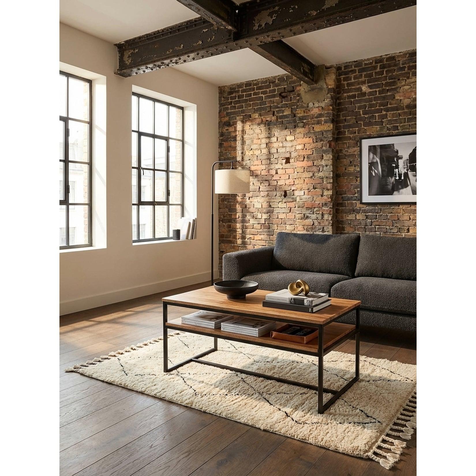 Couchtisch Massivholz Metall 100x60x45 cm, Industrial Design mit Stauraum