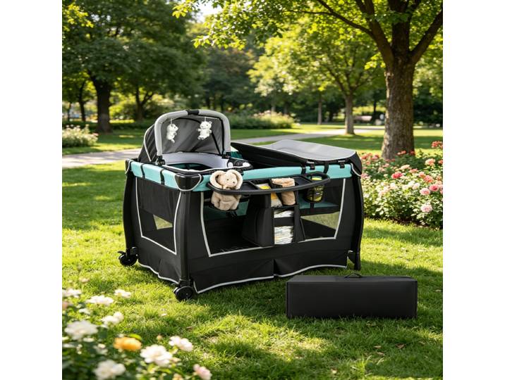 Parc pour bébé multifonctionnel 6-en-1, lit de voyage portable, table à bascule, berceau respirant en maille avec boîte à musique et panier de rangement
