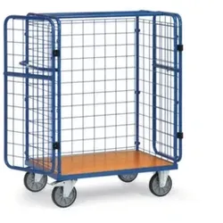 Fetra Paketwagen, Tragl. 600kg, Ladefl. LxB 1000x700mm, Holzplatte, 3 Wände, 1 Tür