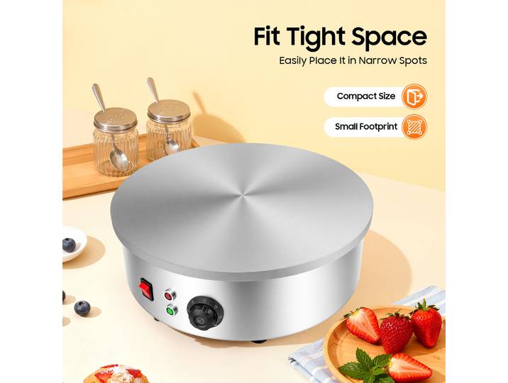 Crêpière électrique 3KW, appareil à crêpes avec épandeur et spatule, 45cm, température de fonctionnement 50-300°C ℃ Pour la préparation de crêpes, de bacon et d'œufs