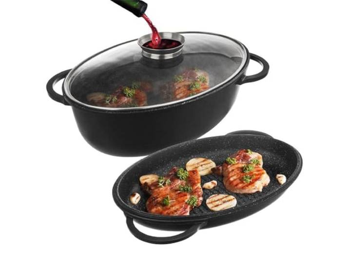 Orion Group Bräter Induktion mit Granitbeschichtung Bratentopf Schmortopf mit Deckel Grilltopf Grillpfanne Gusseisen Topf Backofengeeignet 3in1 GRANDE 10 l Schwarz