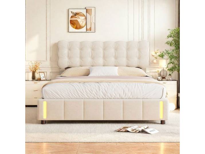 Lit 140x190 cm tissu en velours cadre de lit adulte 140x190 cm beige