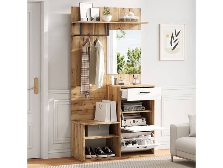 MODENUIT Meuble d'entrée 100x38.5x190 cm avec vestiaire banc de rangement miroir et tiroirs Couleur naturelle et Blanc