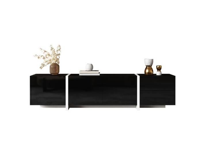 Meuble TV avec meuble bas LED noir brillant pieds blancs portes et tiroirs