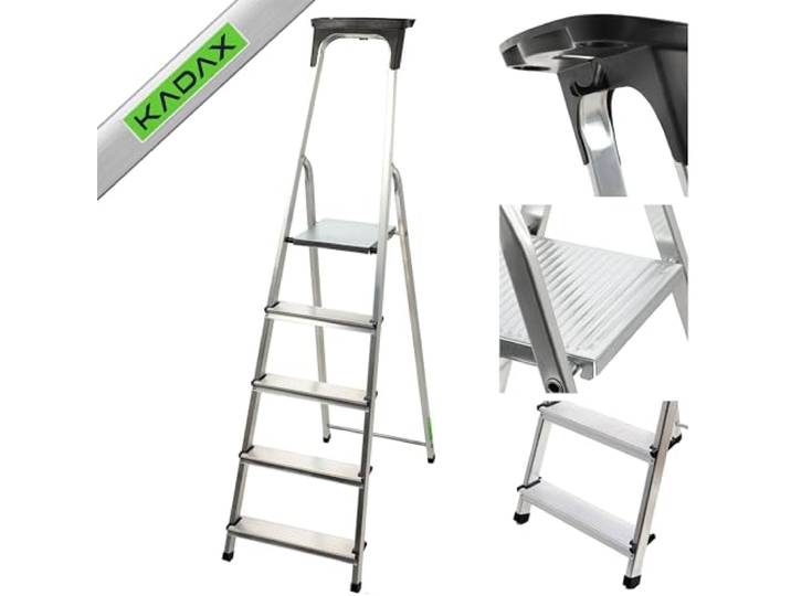 KADAX Escabeau Bois 5 marches Pliable jusqu'a 150kg Crochet Acier Menage Peinture Atelier Bois Massif antiderapant