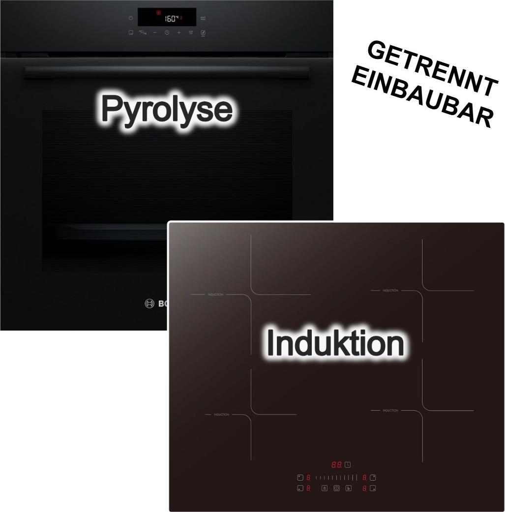 Herdset BOSCH Backofen Pyrolyse 3D Heissluft + PKM Induktionskochfeld Booster Schwarz Touch Slider autark