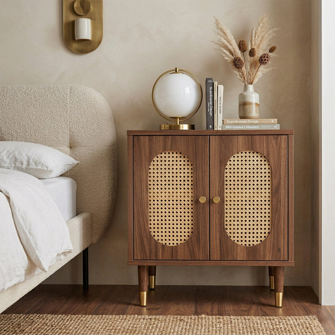 Brayden Studio Lille 2 Door Rattan Bedside Cabinet Walnut 58cm H X 52cm W X 40cm D