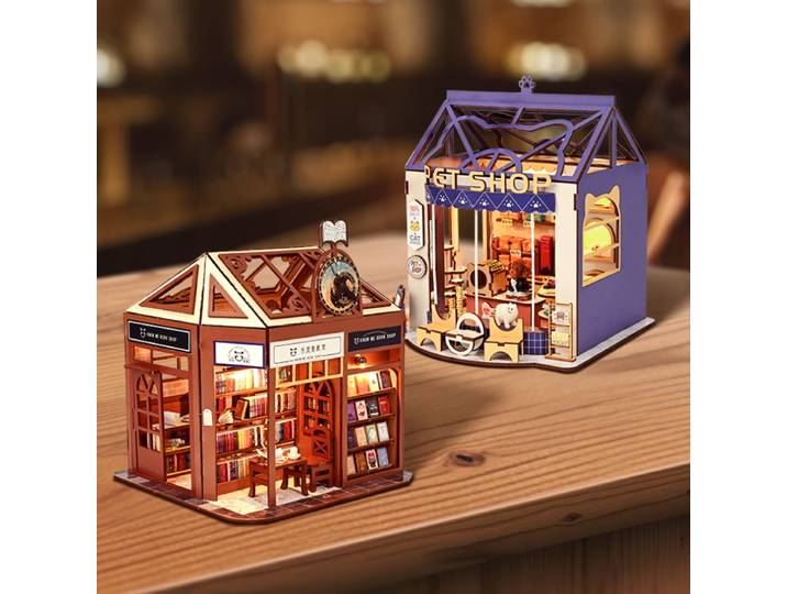 Maison Miniature à monter soi-même, librairie Meow Tales , modèle de Puzzle de scène fait à la main, décoration cadeau créative
