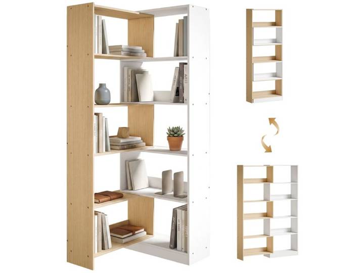 Bibliothèque d'angle. Étagère à 5 niveaux. Rotation à 350°. Bois fruité/Blanc