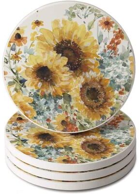CounterArt Sunflowers Forever Absorbent Stone Tumbled Tile Coaster Set of 4 Made in The USA Protective Cork Backing