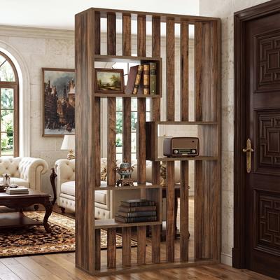 YUZHOU 71-Inch Freestanding Room Divider, Modern Rustic Slatted Partition with Open Display Shelf for Living Room