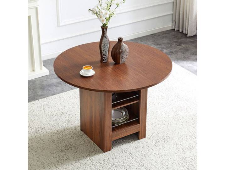 MEUBLIV Table à manger ronde 100 cm noyer MDF rangements ouverts 4 à 6 personnes