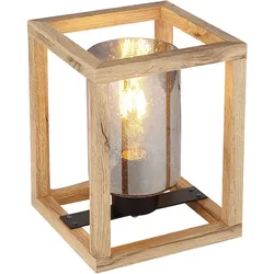 LED Tischlampe Rauchglas Tischleuchte schwarz Beistellleuchte Holz natur, Luftblasenoptik, 7W 806lm warmweiß, LxBxH 17x17x22 cm