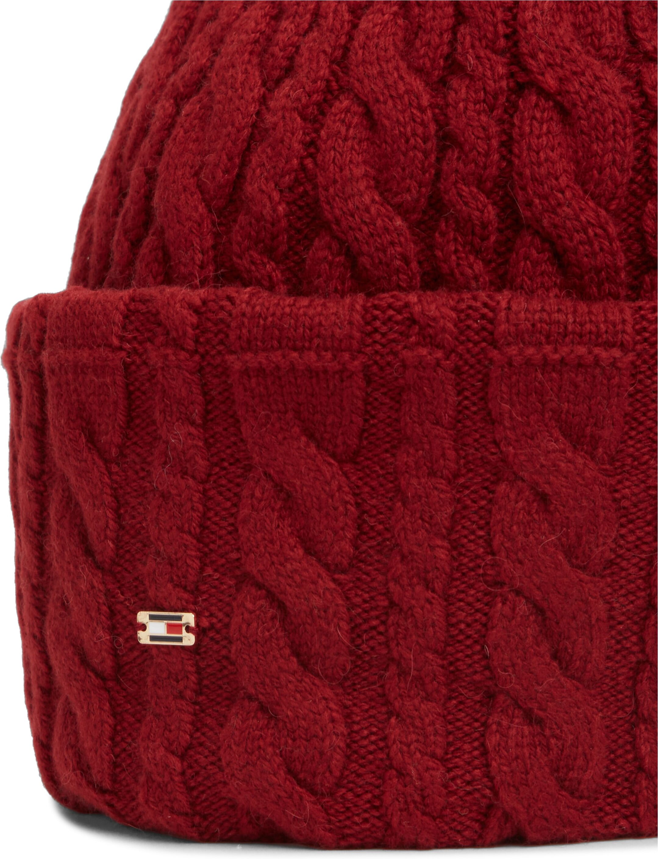 Beanie TOMMY HILFIGER "ENAMEL FLAG CABLE", Damen, rot (autumn rot), Grobstrick, Materialmix, Mützen Beanie, mit Alpakawolle und Zopfmuster autumn rot Einheitsgröße