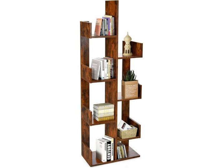 GOPLUS Bibliothèque à 8 Niveaux Forme d'Arbre Charge 80kg Étagère de Rangement de Bureau avec Dispositif Anti-Basculement Marron