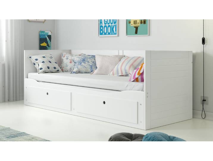 Schlafsofa mit Ausziehbett Hermes 80x200 cm Weiß - 3-in-1 Funktionsbett mit 2 Schubladen & Gästebett Komplettset inkl. 2 Federlattenroste