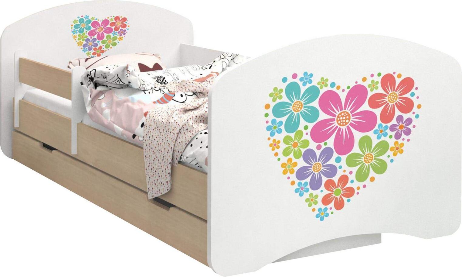 BDW Kinderbett, Doppelseitiges mit Schublade, Herz aus Blumen, 190/90