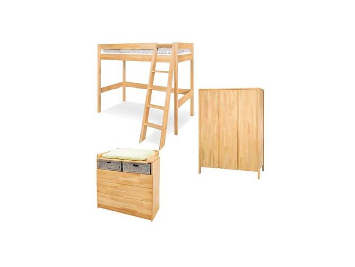 Chambre à coucher complète - PINOLINO - Large - Lit mezzanine hêtre massif - Convertible adolescent - Armoire 3 portes
