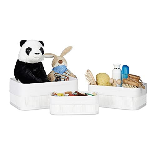 Relaxdays Opbergmand Set van 3, Wit, Textiel en Bamboe, met Handvatten