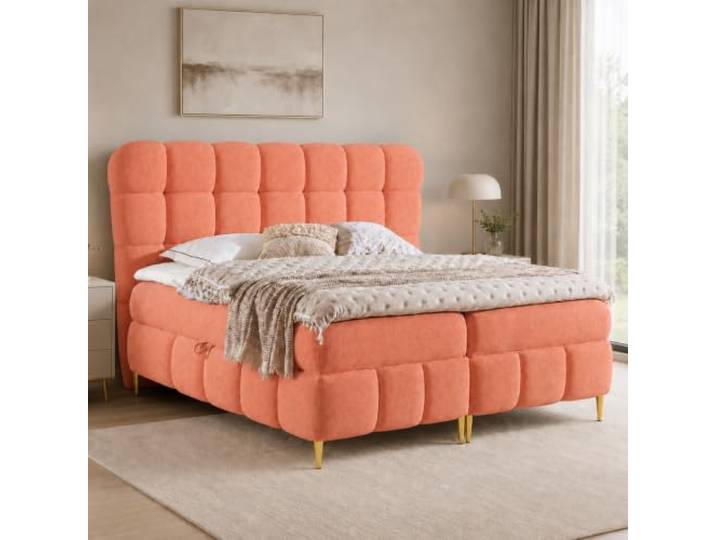 Home Collective Elegantes Polsterbett aus Strukturstoff mit Karosteppung, goldenen Metallfüßen, Stauraum und Taschenfederkern. Doppelbett.