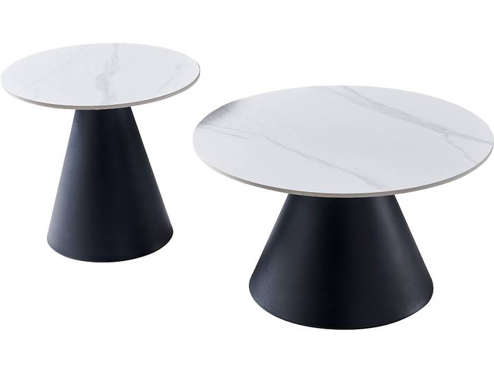 Couchtisch HELA DUSTIN , weiss (marmoroptik weiß matt, schwarz, schwarz, marmoroptik weiß matt), B/H/T: 70cm x 46cm x 70cm, Tische, Couchtisch, 2er Set Couchtisch; rund; Sintered Stone; Gestell kegelförmig