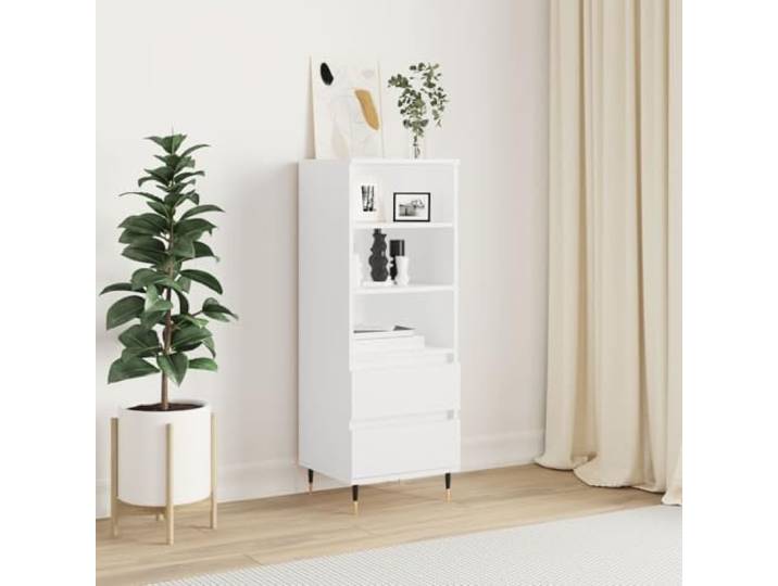 RJPLMFV Anrichte hoch, weiß, 110 cm, aus Holz 3 offene Fächer, 2 Schubladen, Füße aus Metall, Wandbefestigung inklusive