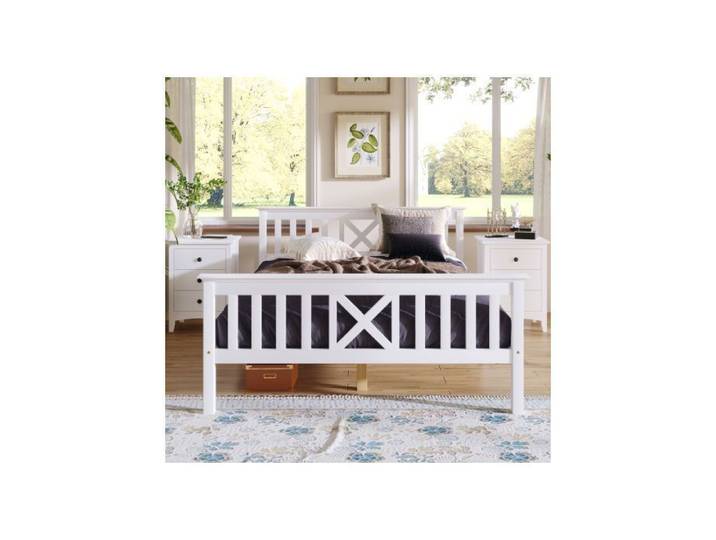 Lit en bois Lit double en cadre avec Lit en bois avec tête - 140 x 200 cm Bois massif Lit jeunesse Pin massif Blanc