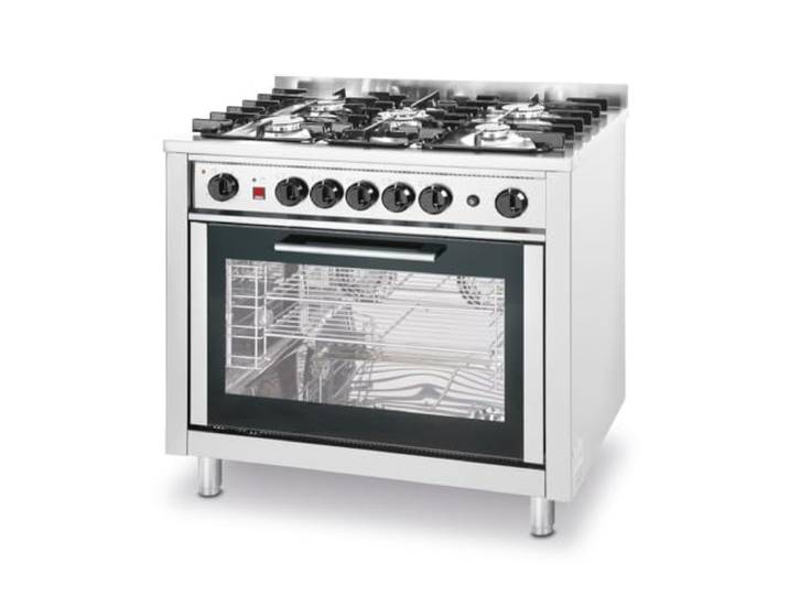 HENDI Fourneau à gaz professionnel avec 5 brûleurs (14\,3 kW) et four électrique à convection + grill\, allumage piézoélectrique\, pour gaz naturel\, 230V/2900W\, 900x653x(H)900mm\, inox