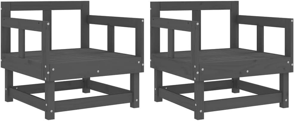 2 Gartenstühle aus grauem Massivholz mit Latten-Design, Rücken- und Armlehnen, modularem Aufbau und robustem Gestell, bis 110 kg pro Sitzplatz