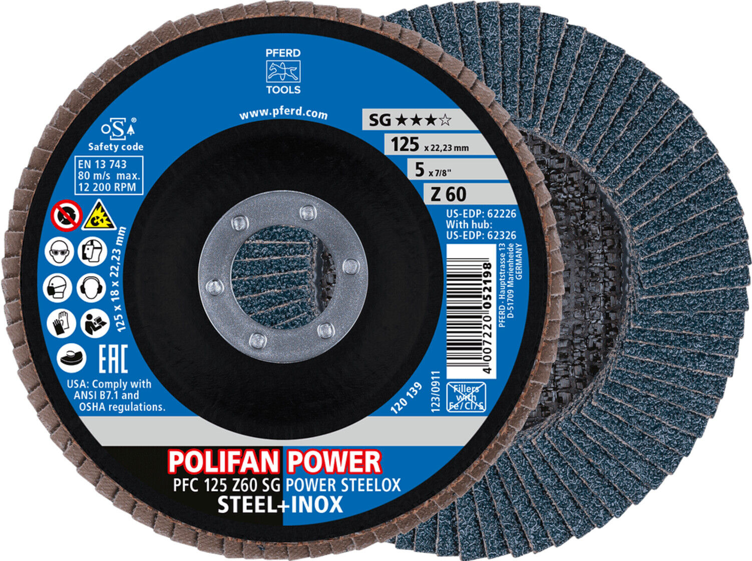 PFERD TOOLS POLIFAN POWER Fächerscheibe PFC 125x22,23 mm konisch Z60 SG STEELOX Stahl/Edelstahl (2) (69398199)