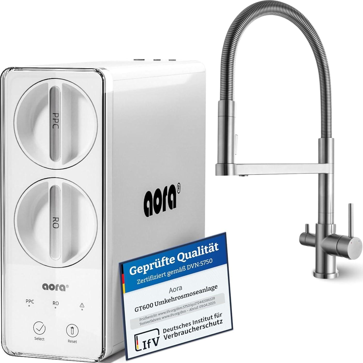 AORA GT600 Umkehrosmoseanlage Untertisch - 8-Stufen-Filtration, 3-Wege-Armatur, Trinkwasserfilter tanklos, Osmoseanlage, RO + STATEMENT Edelstahl