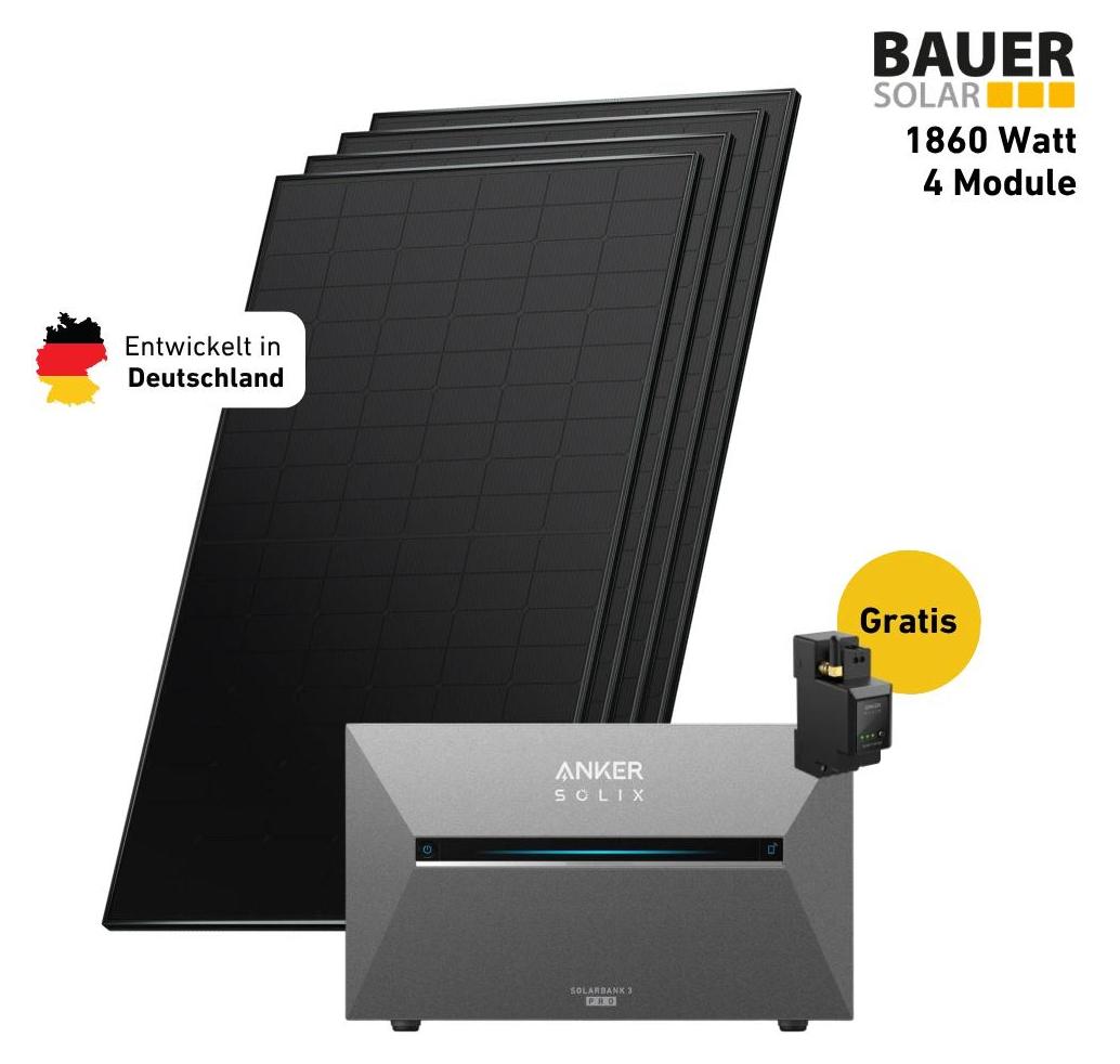 1800 Watt, Bifazial Komplettset, Balkonkraftwerk, Anker SOLIX Solarbank 3 E2700 Pro, Halterung Fassade 50-70 Grad, Anker SOLIX Anschlusskabel 15 m