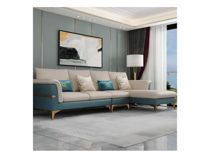 JVmoebel Ecksofa Blaues L-Form Kunstleder Sofa mit goldenen Edelstahlfüßen, Made in Europa