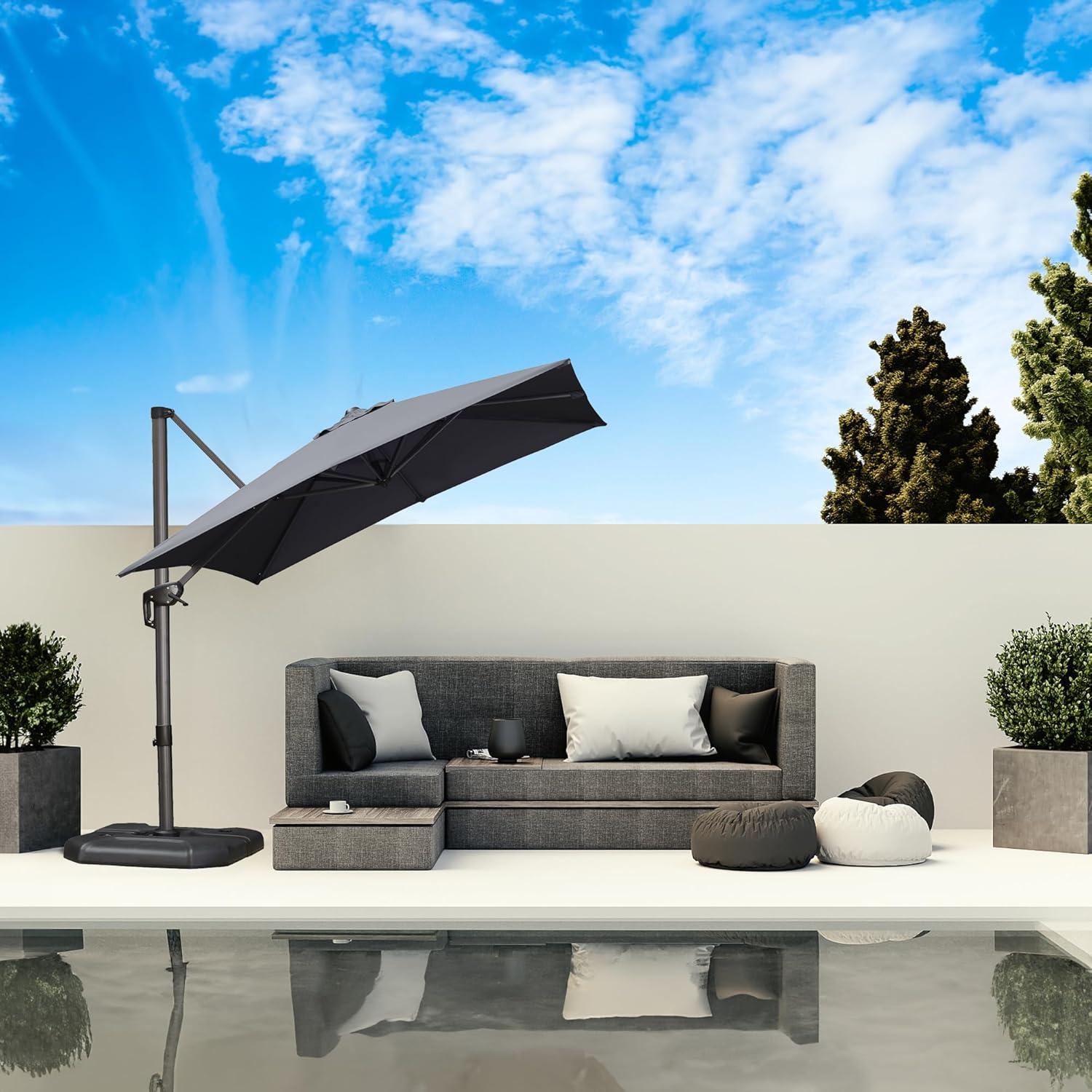 PURPLE LEAF Sonnenschirm 250 x 250 cm Groß Ampelschirm mit Kurbel 360-Grad Drehbar mit Fußpedal und Kreuzsockel für Terrasse, Balkon Sonnenschutz,Grau