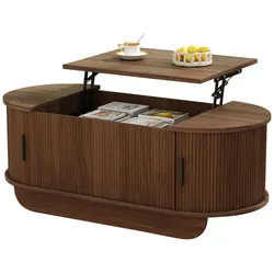 Merax Höhenverstellbarer Couchtisch 100 x 50 cm, ovaler Wohnzimmertisch mit Hydraulik-Lift, Rollläden und Stauraum, Walnussholzoptik