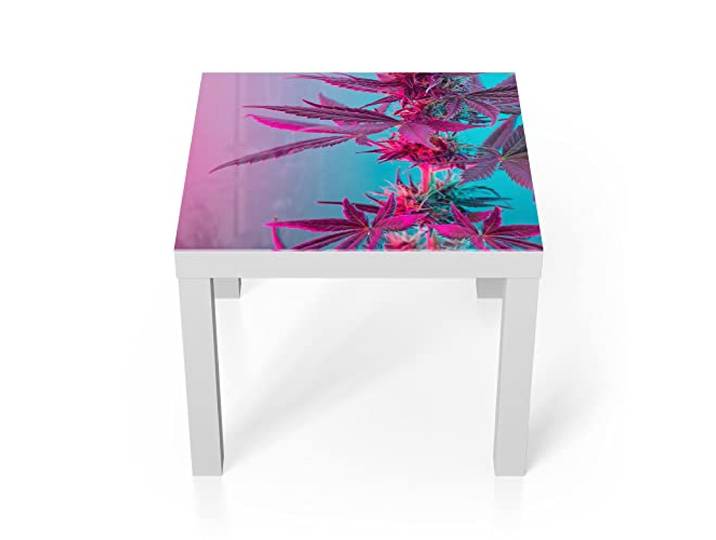 DEQORI Glastisch weiß klein 55x55 cm Motiv Hanfblätter in Pastell ausgefallener Beistelltisch aus Glas Hochglanz Couchtisch fürs Wohnzimmer moderner Couch Tisch mit Design