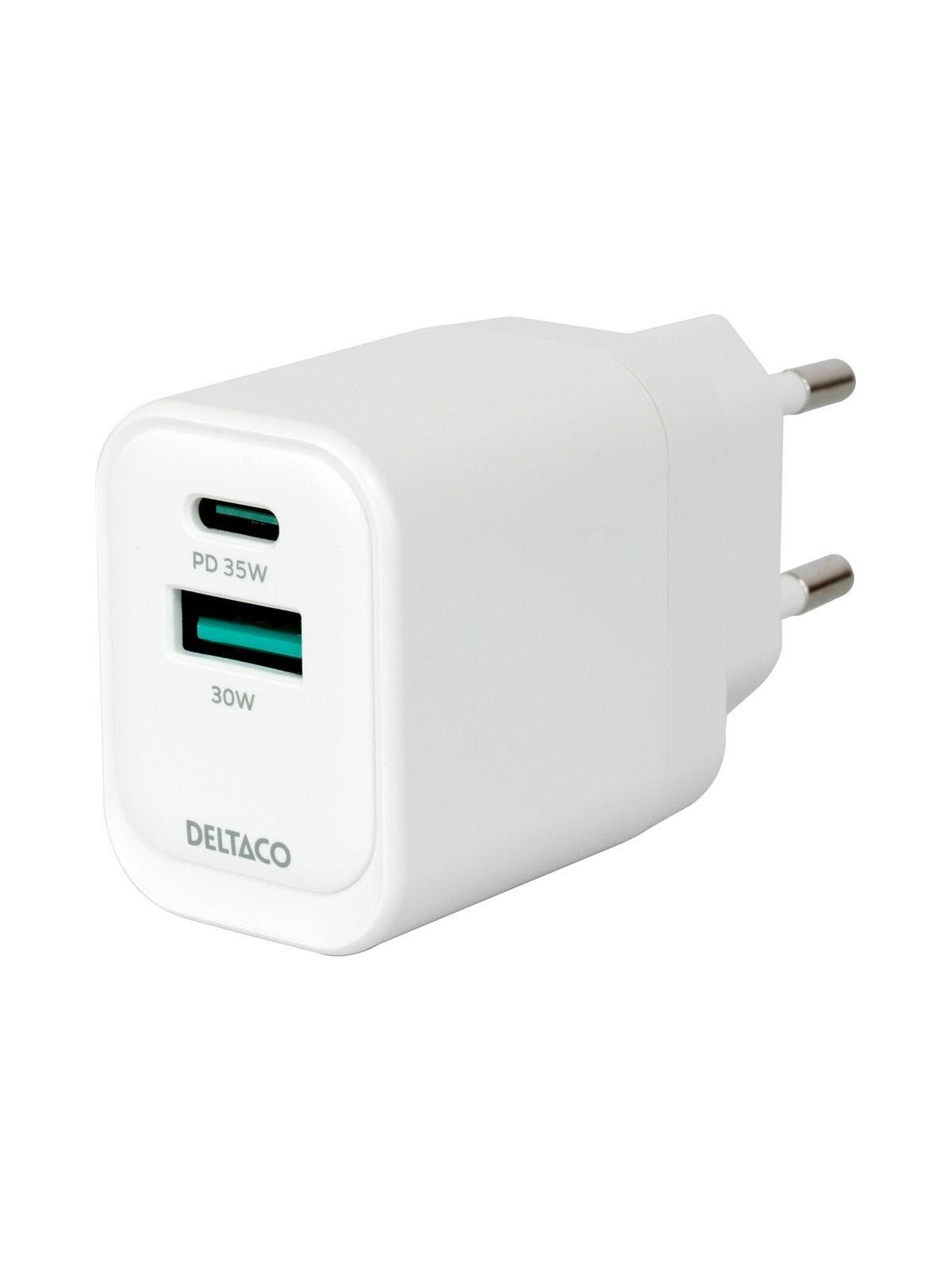 Deltaco USB GaN Wall Charger PD 35W | 1x USB-A | 1x USB-C | PPS + Samsung SFC 25W | White